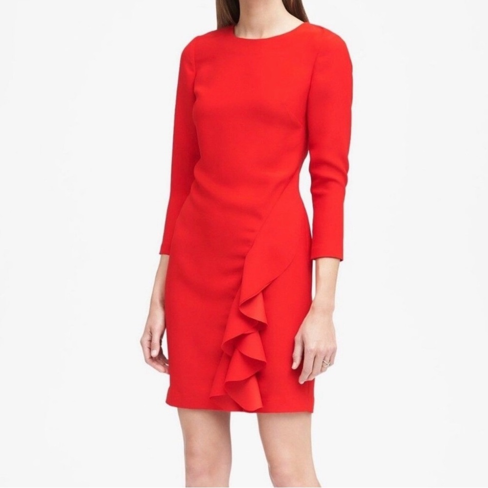 Banana Republic Bright Red Ruffle Long Sleeve Dress NWT